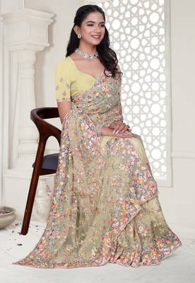 Lemon  color resham embroidery & stone work net party wear saree with blouse pieces 2