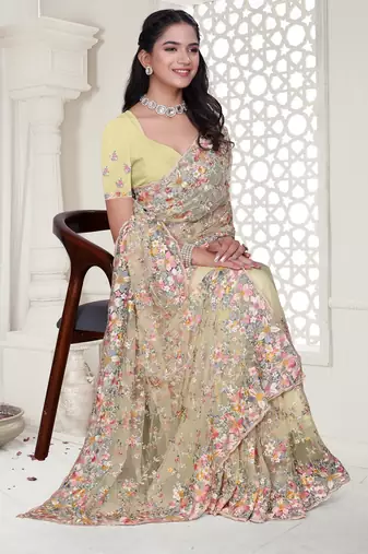 Lemon  color resham embroidery & stone work net party wear saree with blouse pieces