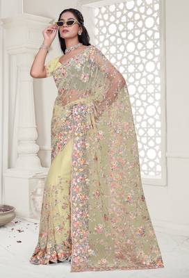 Lemon  color resham embroidery & stone work net party wear saree with blouse pieces 3