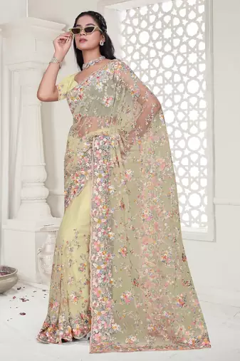 Lemon  color resham embroidery & stone work net party wear saree with blouse pieces