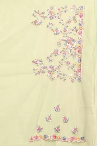 Lemon  color resham embroidery & stone work net party wear saree with blouse pieces