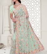 Sky blue color resham embroidery & stone work net party wear saree with blouse pieces