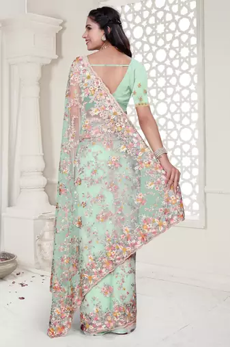 Sky blue color resham embroidery & stone work net party wear saree with blouse pieces