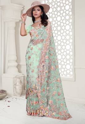 Sky blue color resham embroidery & stone work net party wear saree with blouse pieces 4