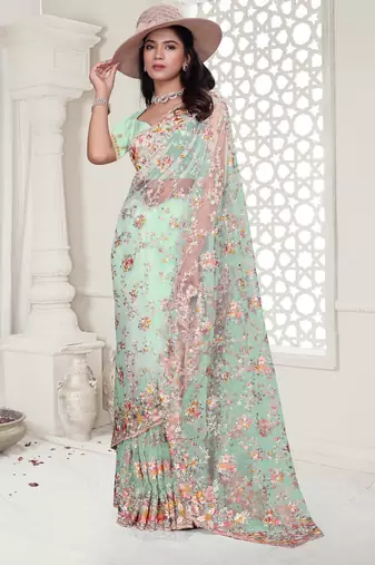 Sky blue color resham embroidery & stone work net party wear saree with blouse pieces