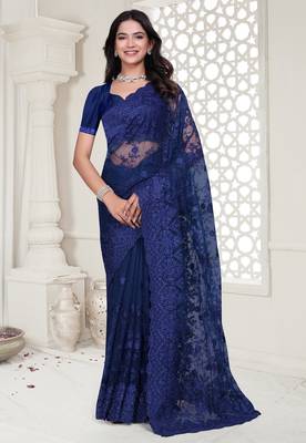 Blue color resham embroidery & stone work net party wear saree with blouse pieces 1