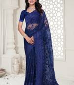 Blue color resham embroidery & stone work net party wear saree with blouse pieces