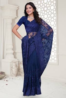 Blue color resham embroidery & stone work net party wear saree with blouse pieces 2