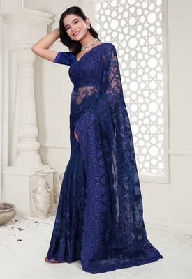 Blue color resham embroidery & stone work net party wear saree with blouse pieces 4