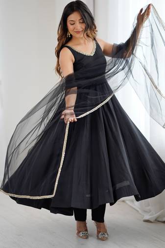 Black Colour Silk Chanderi Fabric Fully Flair Anarkali Kurti With Pant Dupatta Set