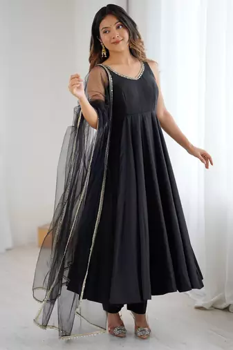 Black Colour Silk Chanderi Fabric Fully Flair Anarkali Kurti With Pant Dupatta Set