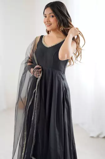 Black Colour Silk Chanderi Fabric Fully Flair Anarkali Kurti With Pant Dupatta Set