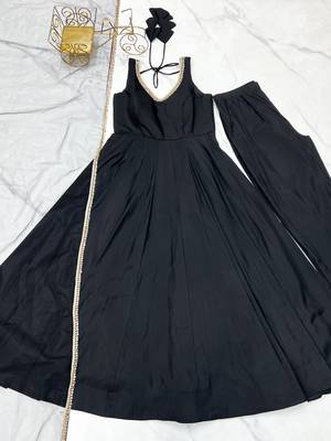 Black Colour Silk Chanderi Fabric Fully Flair Anarkali Kurti With Pant Dupatta Set 5