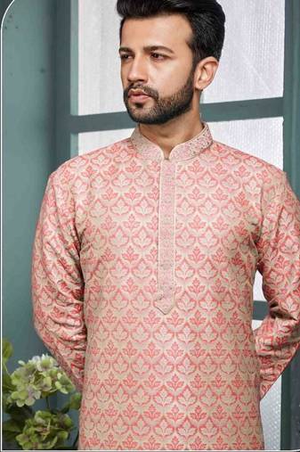 Men's poly jacquard peach kurta pajama