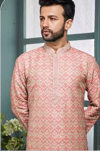 Men's poly jacquard peach kurta pajama