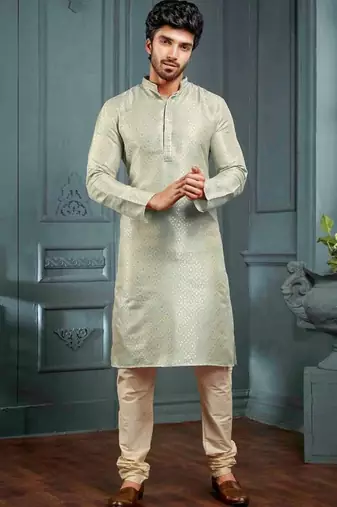 Men's poly jacquard grey kurta pajama