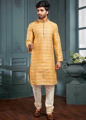 Men's poly jacquard yellow kurta pajama 1