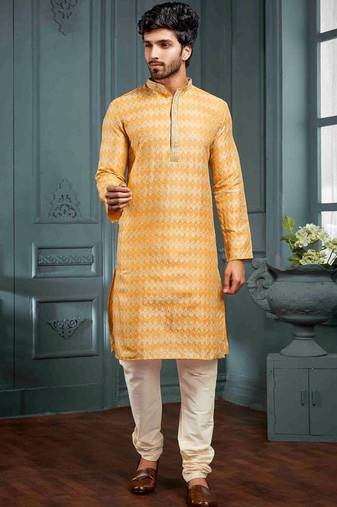 Men's poly jacquard yellow kurta pajama