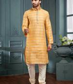 Men's poly jacquard yellow kurta pajama