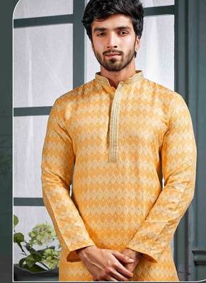 Men's poly jacquard yellow kurta pajama 2
