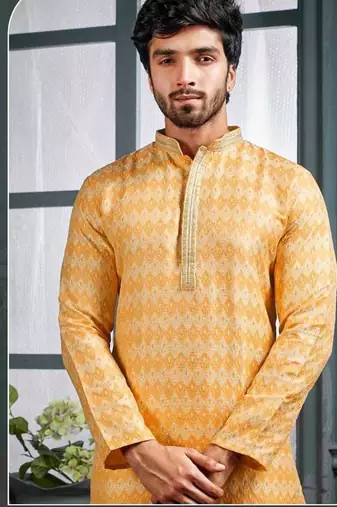 Men's poly jacquard yellow kurta pajama