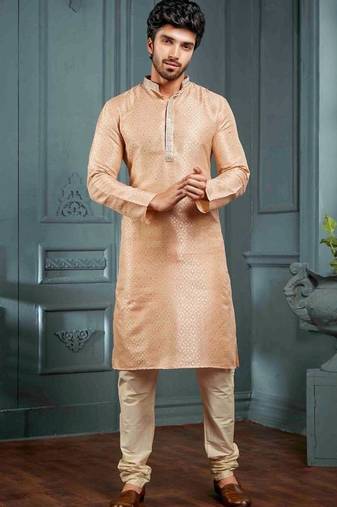 Men's poly jacquard light peach kurta pajama