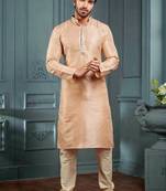 Men's poly jacquard light peach kurta pajama