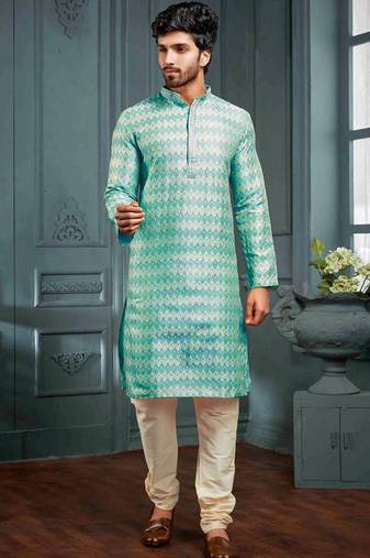 Men's poly jacquard sky blue kurta pajama