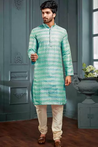 Men's poly jacquard sky blue kurta pajama