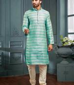 Men's poly jacquard sky blue kurta pajama