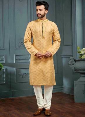 Men's poly jacquard yellow kurta pajama 1
