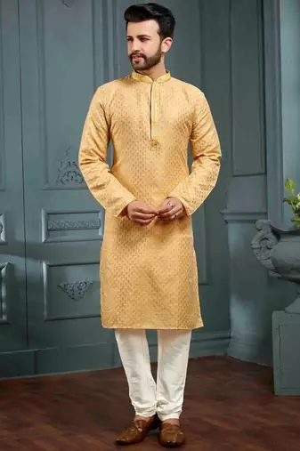 Men's poly jacquard yellow kurta pajama