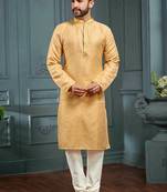Men's poly jacquard yellow kurta pajama
