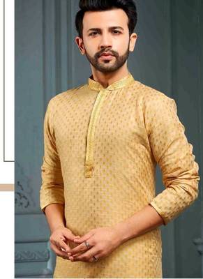 Men's poly jacquard yellow kurta pajama 2