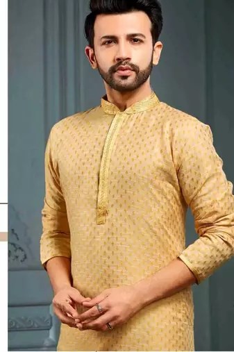 Men's poly jacquard yellow kurta pajama