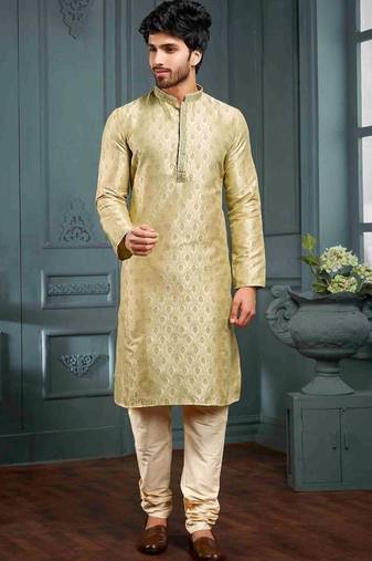 Men's poly jacquard golden & pista kurta pajama