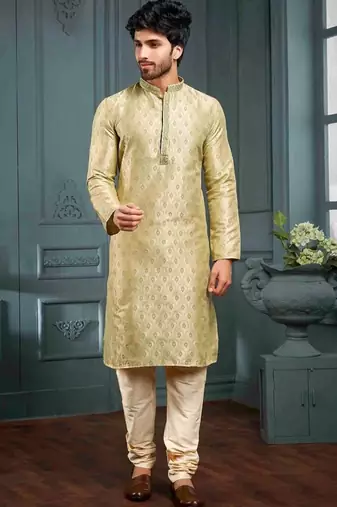 Men's poly jacquard golden & pista kurta pajama