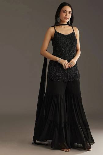 designer black beads embroidered georgette palazzo suit