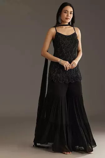 designer black beads embroidered georgette palazzo suit