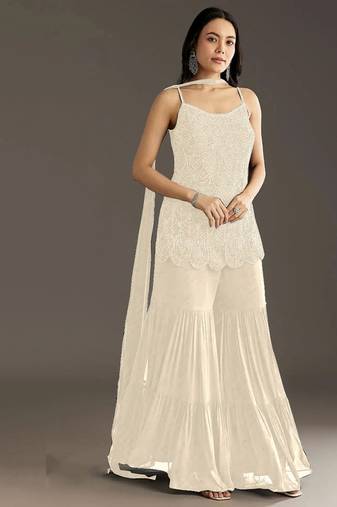 designer white beads embroidered georgette palazzo suit