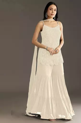 designer white beads embroidered georgette palazzo suit