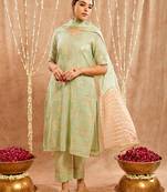 Green embroidered cotton kurta set