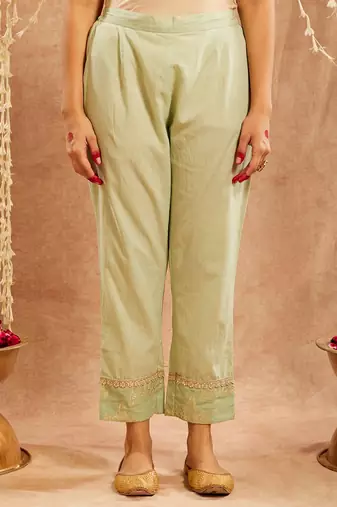 Green embroidered cotton kurta set