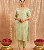 Green embroidered cotton kurta set