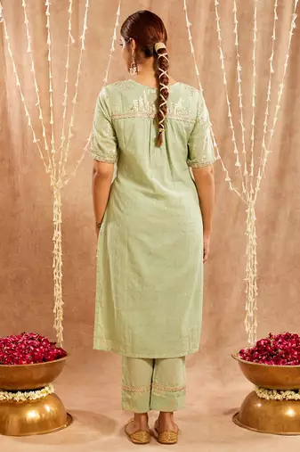 Green embroidered cotton kurta set