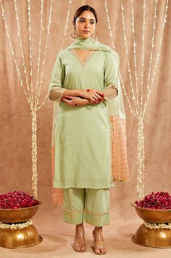 Green embroidered cotton kurta set