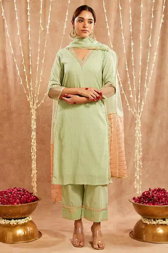 Green embroidered cotton kurta set