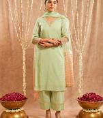 Green embroidered cotton kurta set