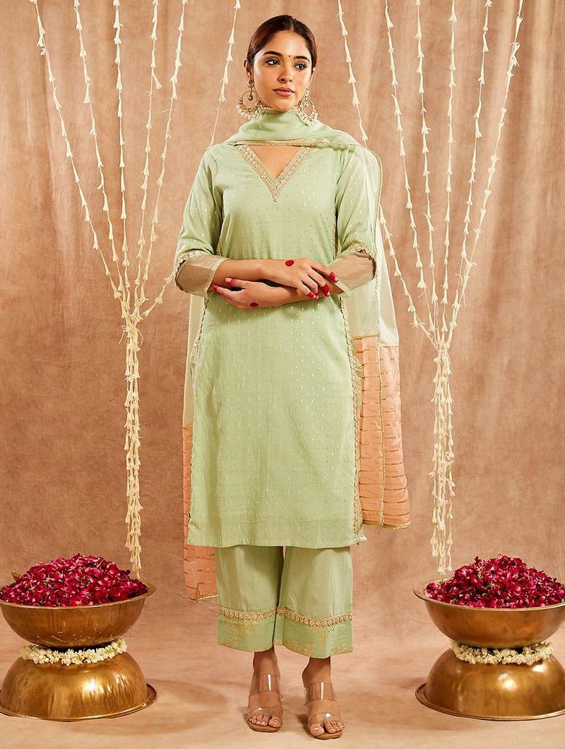 Green embroidered cotton kurta set