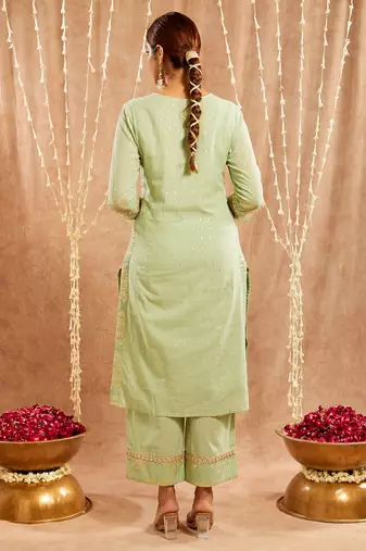 Green embroidered cotton kurta set